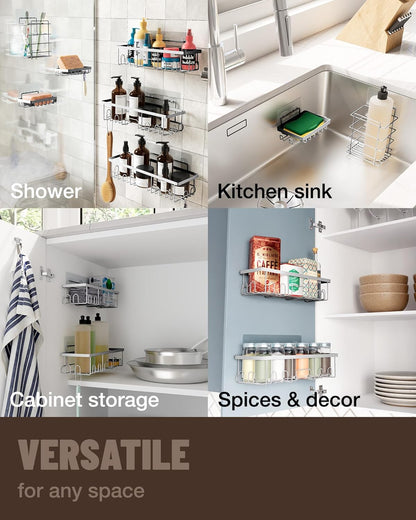 Veken Adhesive Shower Caddy - Heavy-Duty Wall-Mounted Shelves | 5-Pack Organizer with Soap Dish & Toothbrush Holder - Silver