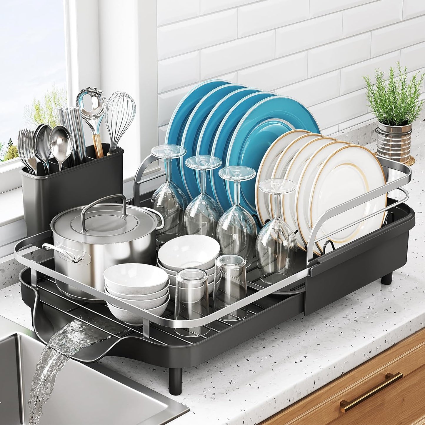 SNTD Dish Drying Rack - Expandable Stainless Steel Dish Drainer with Drainboard & Utensil Holder | Black