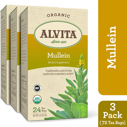 Alvita Organic Mullein Herbal Tea - Made with Premium Quality Organic Mullein Leaves and Flowers, And Slight Astringent Flavor and Aroma, 72 Tea Bags (3 Pack)