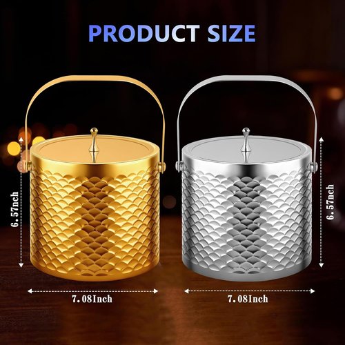 Ice Bucket, Ice Bucket with Silicone Sealing Ring Double-Wall Vacuum Insulation Champagne Buckets with Filter Layer Ice Tongs Ice Scoop (Scaled Gold, 3 L)