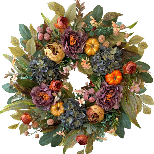 WANNA-CUL 24 Inch Spring & Fall Wreath - Blue Hydrangea & Purple Peony Home Decor