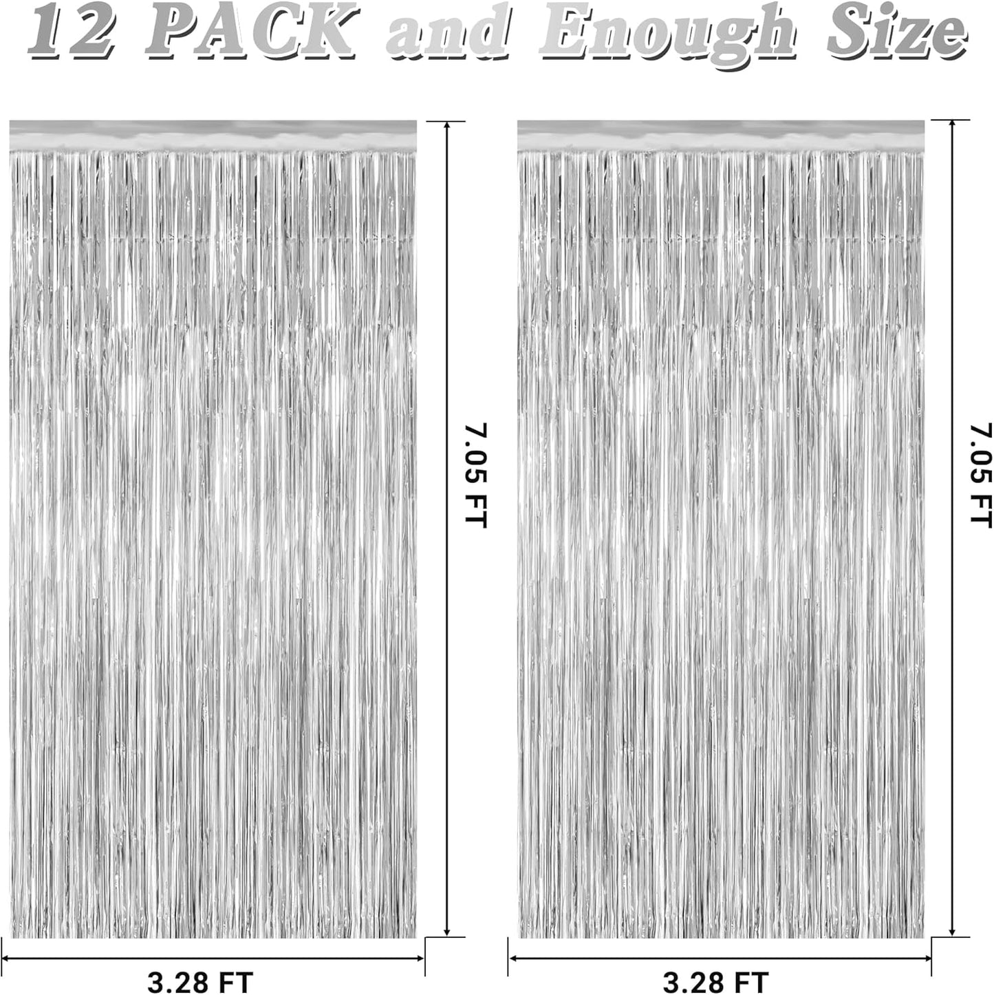 Metallic Silver Fringe Backdrop by [Brand Name] - 12 Pack Tinsel Curtains for Birthday & Disco Party Decor | 3.28 FT x 7.05 FT