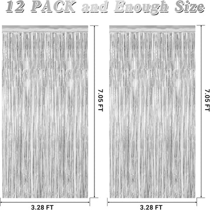 Metallic Silver Fringe Backdrop by [Brand Name] - 12 Pack Tinsel Curtains for Birthday & Disco Party Decor | 3.28 FT x 7.05 FT
