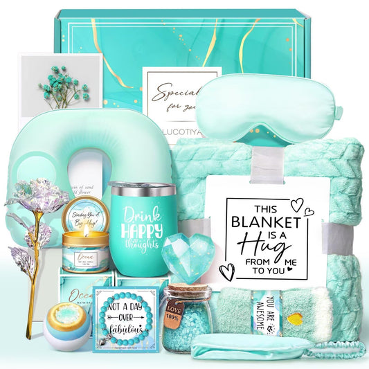 LUCOTIYA Birthday Gifts for Women Self Care Gifts Get Well Soon Gifts,Ocean Relaxing Spa Gift Basket Care Package with Blanket, Idea Thinking of You Gifts for Mom Her Best Friends Sister Wife