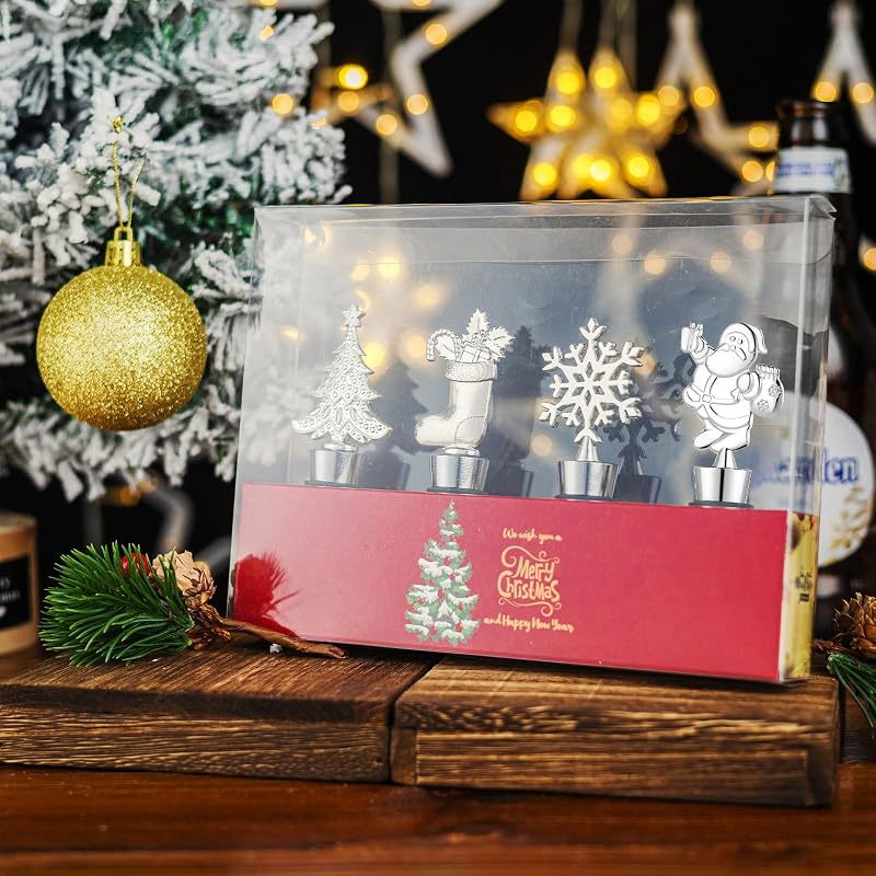 4 Pack Christmas Bottle Stoppers - Santa, Snowflake, Stocking & Tree (Silver) - Gift Box Holiday Set