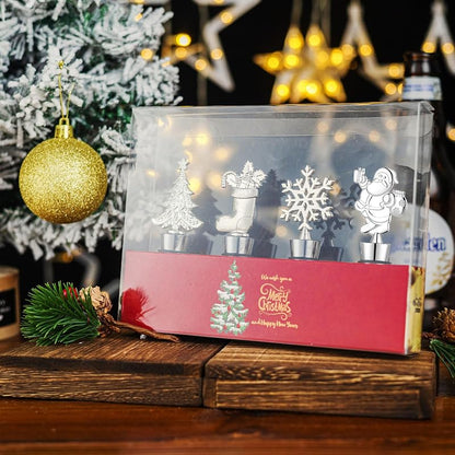 4 Pack Christmas Bottle Stoppers - Santa, Snowflake, Stocking & Tree (Silver) - Gift Box Holiday Set