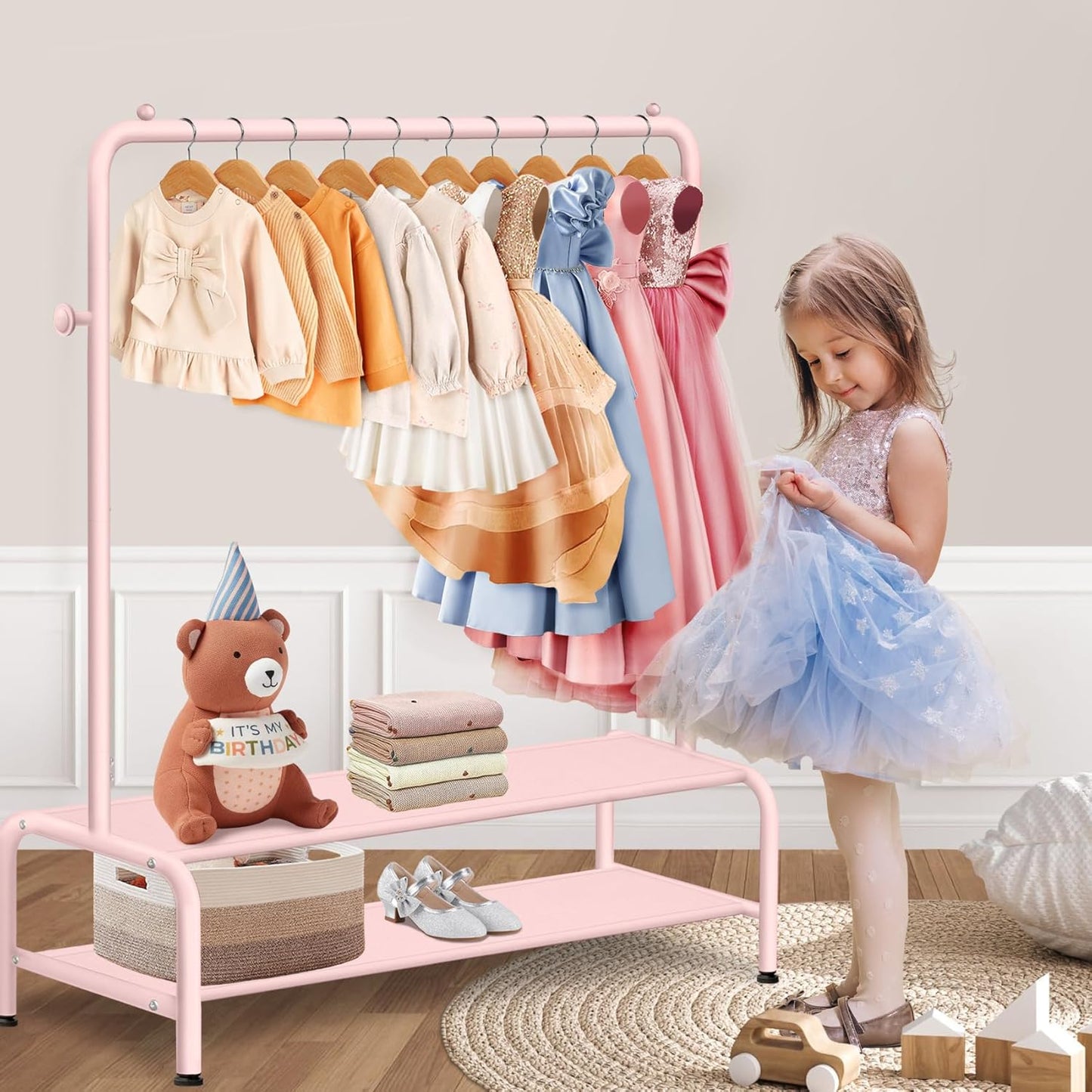 Mirolam Kids Clothing Rack - Dress Up Storage for Little Girls - Small Costume Wardrobe with 2 Fabric Shelves | Princess Room Decor
