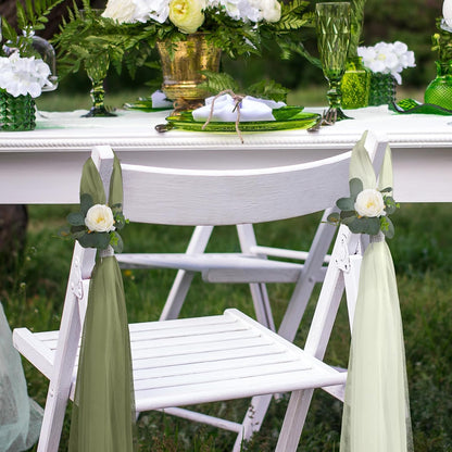 Skiennix 24-Piece Large Wedding Aisle Decorations - 31.5-Inch Hydrangea & Gardenia Flowers with Tulle Tails | Elegant Church Pew Decor for Bridal Showers & Receptions (Green)
