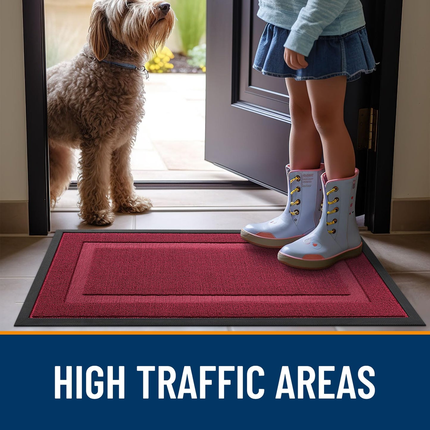 OLANLY Front Door Mat Indoor Outdoor Entrance, Waterproof All-Season, All-Weather Doormat, Sturdy Natural Rubber, Low Profile, Easy Clean Patio Porch Entryway Mat, 33x21, Burgundy