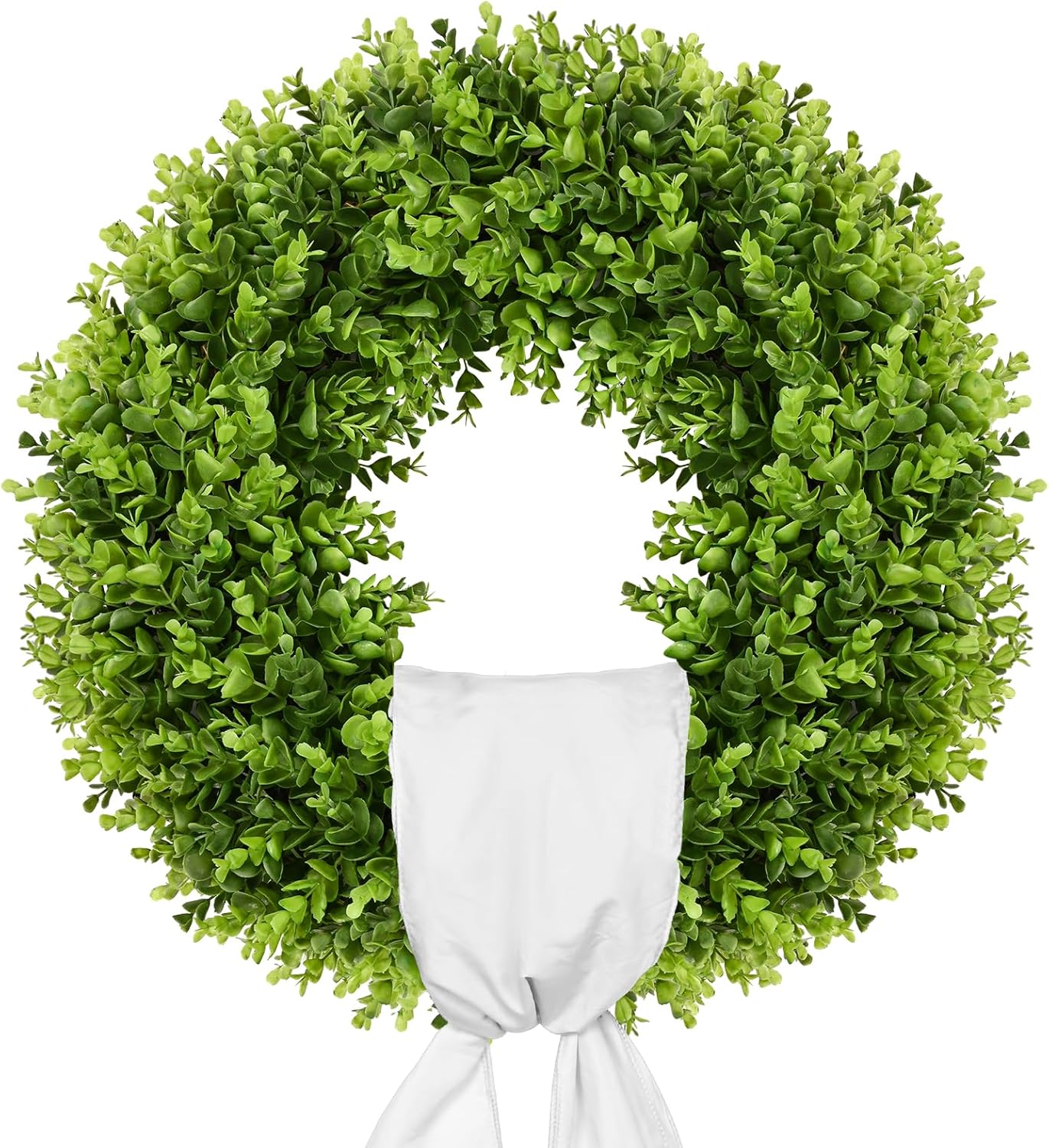 Vlorart 20" Faux Boxwood Wreath - Large Artificial Greenery with Plaid Bow for Door & Wedding Decor