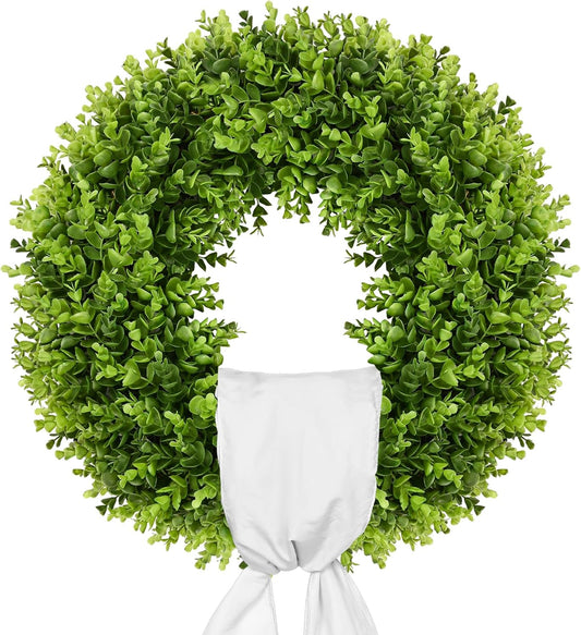 Vlorart 20" Faux Boxwood Wreath - Large Artificial Greenery with Plaid Bow for Door & Wedding Decor