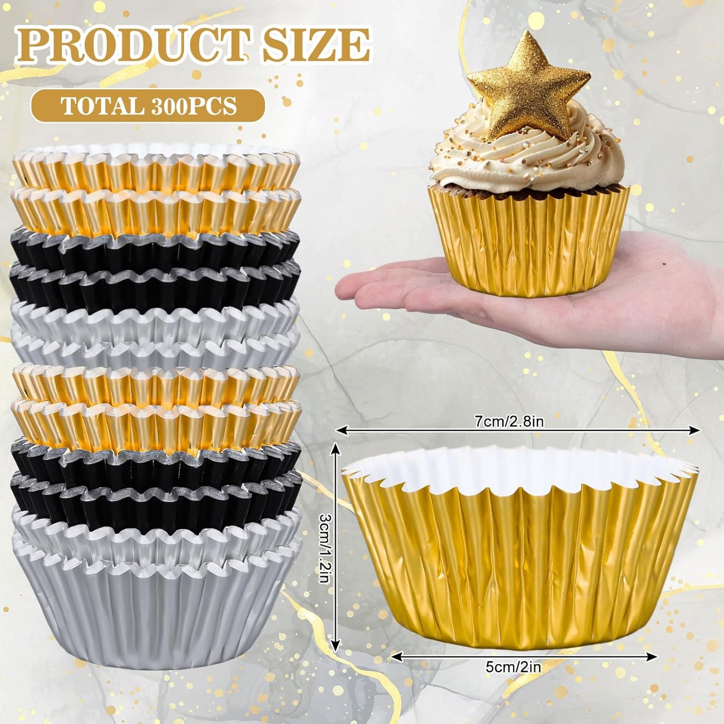 Whaline Graduation Foil Cupcake Liners - 300 Pcs Black, Silver & Gold Metallic Baking Cups for Parties