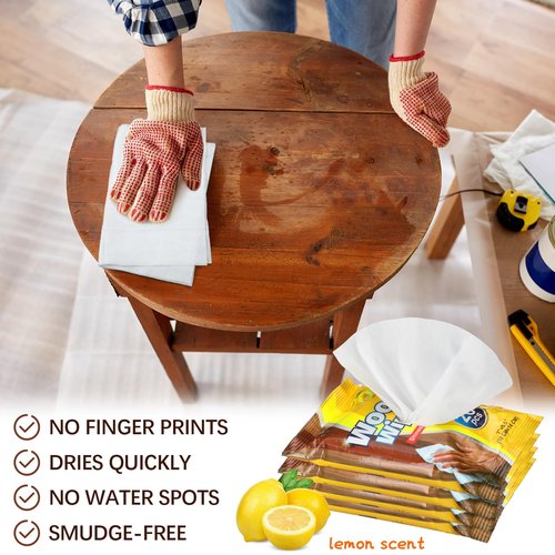 Heigble 12 Pcs Care Wood Surfaces Wipes 240 Count Furniture Polish Cleaner Shines and Protects Wipe Lemon Scent Floor Wipes for Kitchen Bathroom Furniture Wood Floors Cabinet Cleaning
