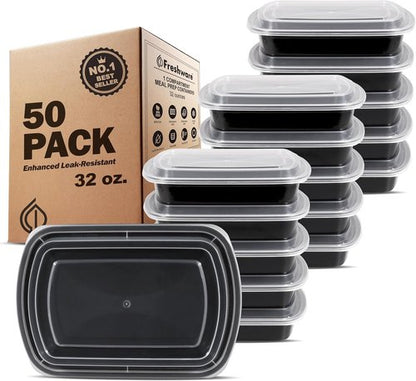 Freshware Meal Prep Containers - 50 Pack, 1 Compartment, BPA Free, Stackable & Microwave Safe (32 oz)