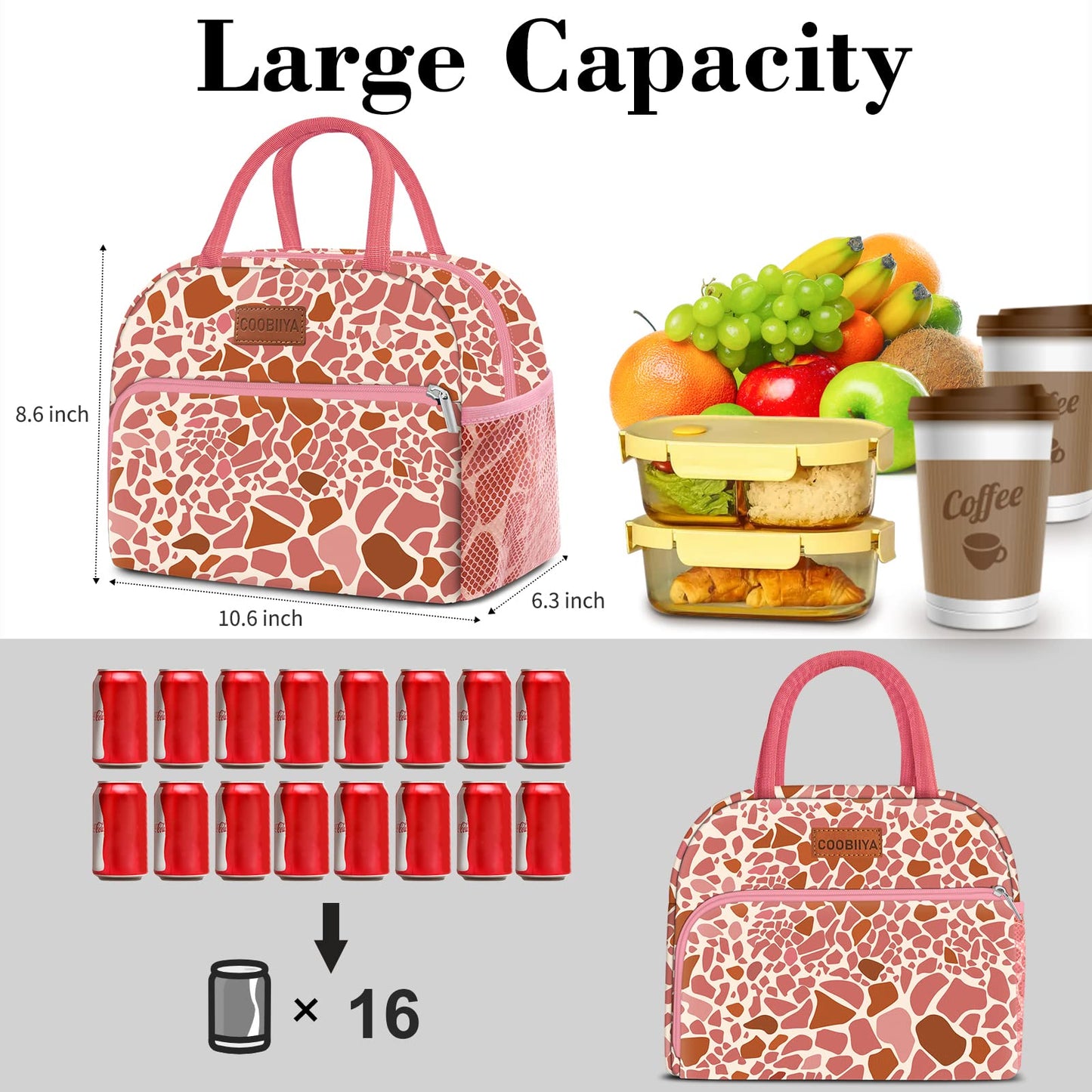 Coobiiya Lunch Bag Women, Lunch Box Lunch Bag for Women Adult Men, Small Leakproof Cute Lunch Tote Large Capacity Reusable Insulated Cooler Lunch Container for Work/Office/Picnic/Travel-Pink Leopard