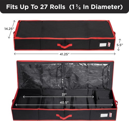 HOLDN’ STORAGE Premium Wrapping Paper Storage Container - Durable 600D Tear-Proof Design, Fits 27 Rolls, Extra Pockets for Ribbons & Bows, Black Underbed Storage for Holidays