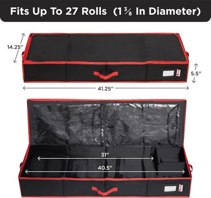 HOLDN’ STORAGE Premium Wrapping Paper Storage Container - Durable 600D Tear-Proof Design, Fits 27 Rolls, Extra Pockets for Ribbons & Bows, Black Underbed Storage for Holidays