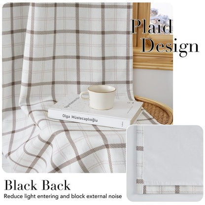 NICETOWN 100% Plaid Linen Blackout Curtains 84 Inch Long for Living Room Bedroom, Farmhouse Double Layer Windowpane Drapes Thermal Insulated Privacy Rod Pocket Back Tab, 2 Panels, 52" W, White