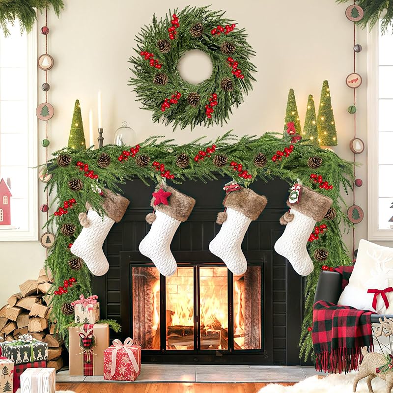 6Ft Norfolk Pine Garland with Red Berries & Pine Cones - Real-Touch Christmas Church Mantle