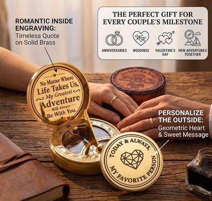 Brass Sundial Clock & Compass Set in Leather Case – Engraved Nautical Gift for Anniversary, Husband & Wife