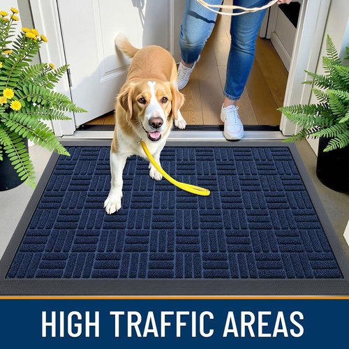 OLANLY Front Door Mat Outside Entrance 29.5x17, Absorbent, Heavy Duty Sturdy Natural Rubber Doormat Indoor Outdoor, Non-Slip, Stain and Fade Resistant, Low Profile Floor Mat for Entryway, Navy Blue