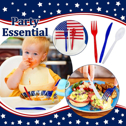 Patriotic American Flag Party Supplies - 450 Pcs Disposable Cutlery Set | 150 Spoons, 150 Forks, 150 Knives in Red, White & Blue