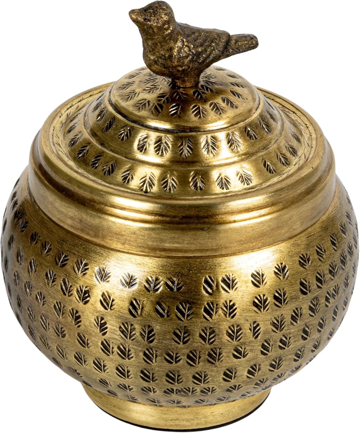 Regine Switzerland Round Hammered Metal Container - Elegant Bird Finial in Brass Finish