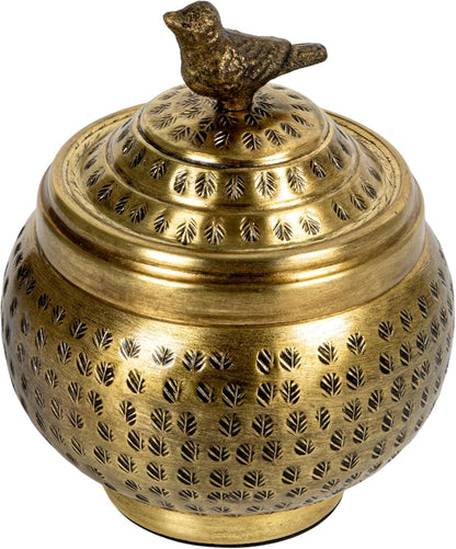 Regine Switzerland Round Hammered Metal Container - Elegant Bird Finial in Brass Finish