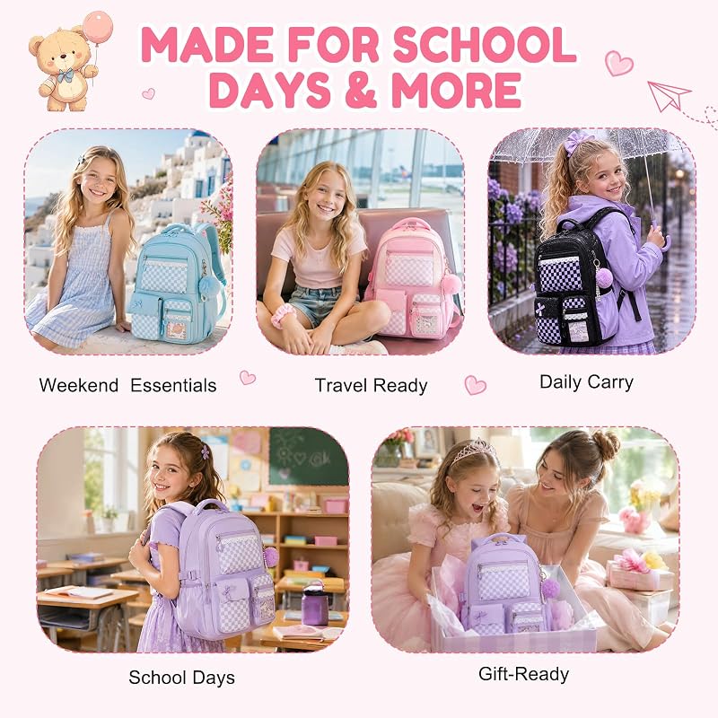 Kids School Backpack for Girls 6-14 Pink Checkerboard Variation: Pink Checkerboard