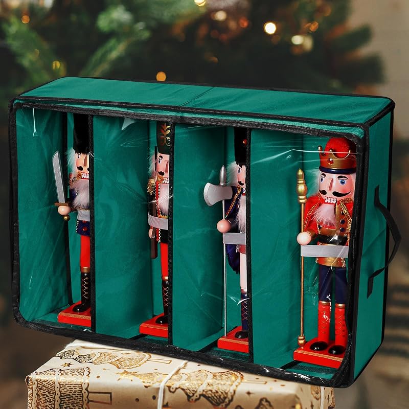 4 Pack Christmas Nutcracker Storage Box with Clear Top - Red & Bottle Green