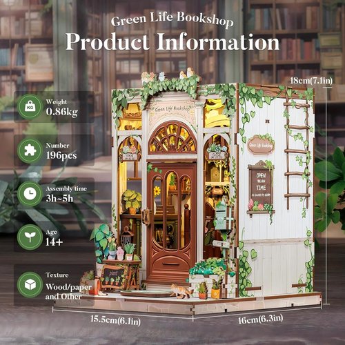 Fsolis Book Nook Kit - 3D Wooden Puzzle for Adults | DIY Miniature House, 196 Pcs, Green Life's Bookshop Design