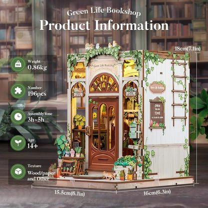 Fsolis Book Nook Kit - 3D Wooden Puzzle for Adults | DIY Miniature House, 196 Pcs, Green Life's Bookshop Design