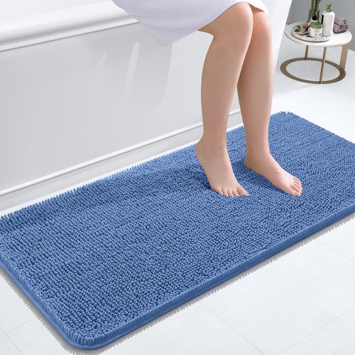 OLANLY Bathroom Rugs 47x20, Extra Soft Absorbent Chenille Bath Rugs, Rubber Backing Quick Dry, Machine Washable Bath Mats for Bathroom Floor, Tub and Shower, Home Decor Accessories, Cornflower Blue