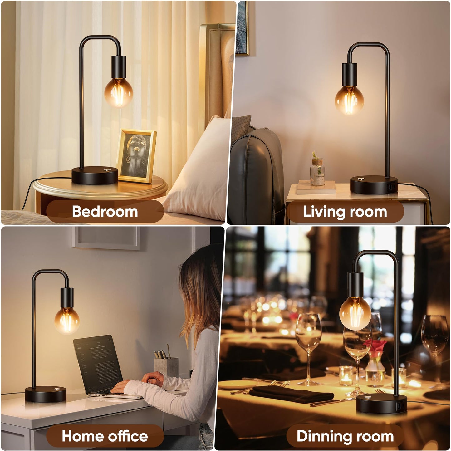 QiMH Industrial Table Lamps for Living Room, Farmhouse Table Lamp with USB A+C Ports, Minimalist Bedside Lamps Set of 2, Touch Control Stepess Dimmable,8W G80 Globe Bulb, Black Lamps for Bedroom