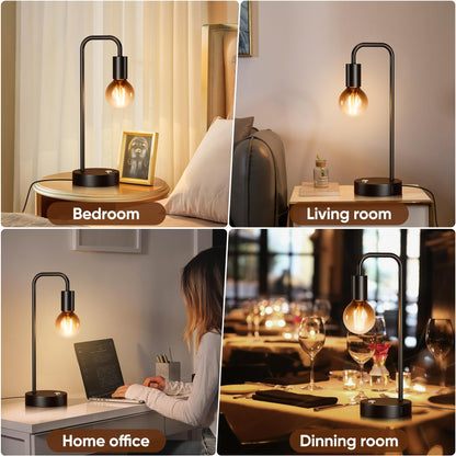 QiMH Industrial Table Lamps for Living Room, Farmhouse Table Lamp with USB A+C Ports, Minimalist Bedside Lamps Set of 2, Touch Control Stepess Dimmable,8W G80 Globe Bulb, Black Lamps for Bedroom