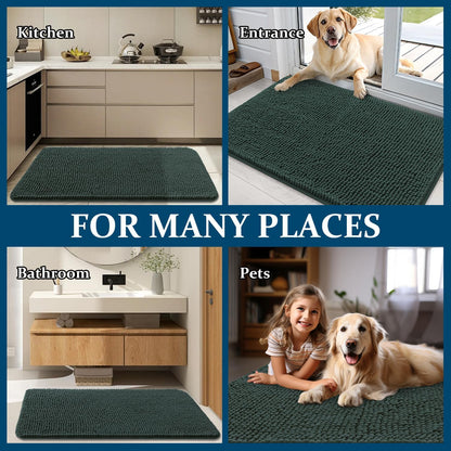 OLANLY Dog Door Mat - Absorbent Non-Slip Chenille Mat for Muddy Paws | 30x17 Inches, Blackish Green
