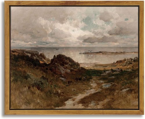 InSimSea Framed Canvas Wall Art - Vintage Seaside Path Landscape Oil Painting | 8"x10" Coastal Decor
