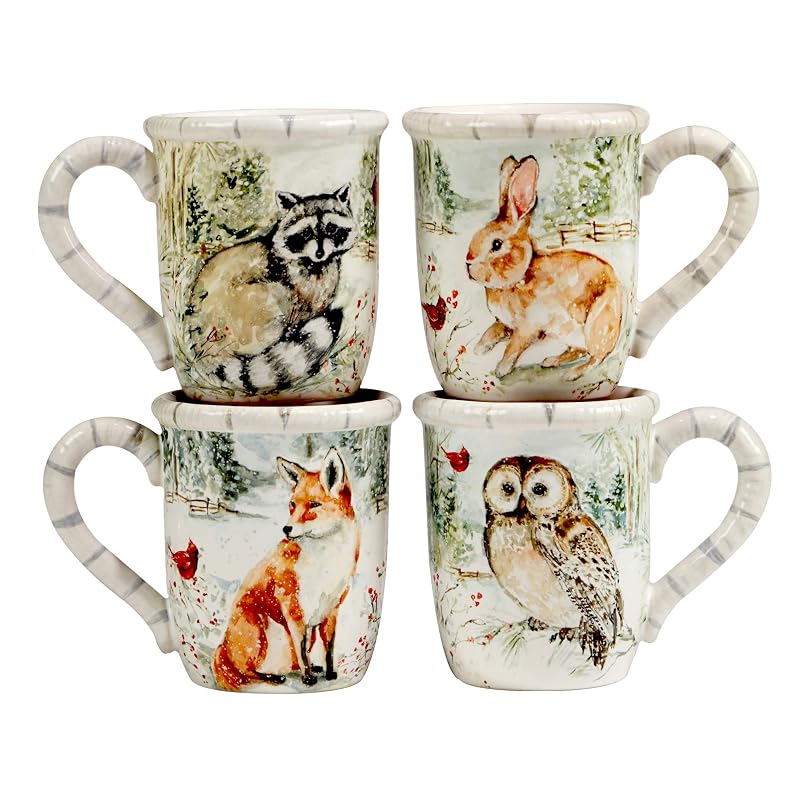 Winter’s Walk 16-Piece Ceramic Dinnerware Set for 4 | Handpainted Forest Animals