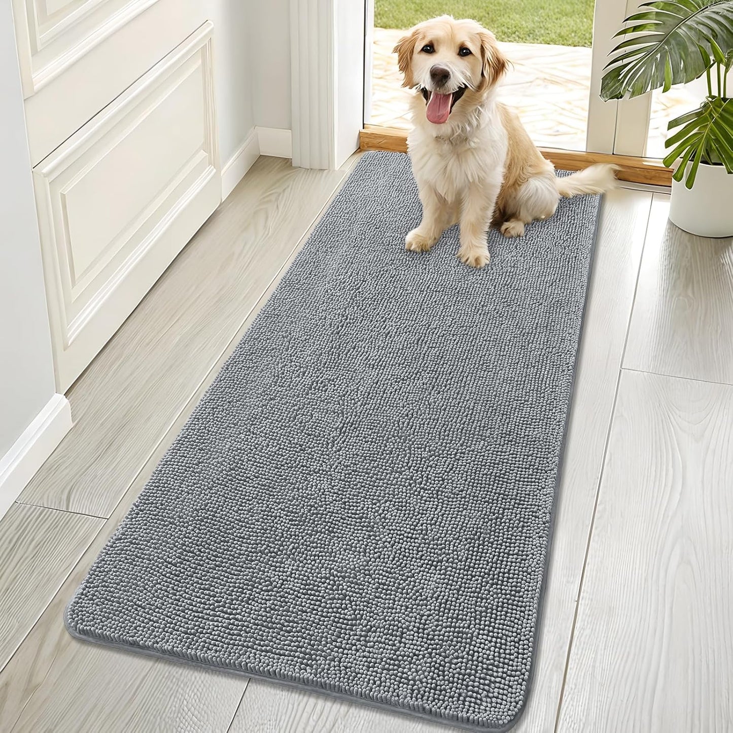 OLANLY Dog Door Mat - Absorbent Non-Slip Chenille Mat for Muddy Paws | 70x32, Quick Dry, Grey