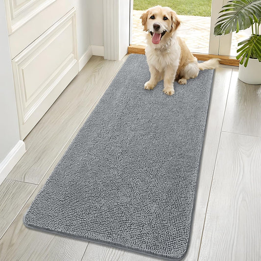 OLANLY Dog Door Mat - Absorbent Non-Slip Chenille Mat for Muddy Paws | 70x32, Quick Dry, Grey