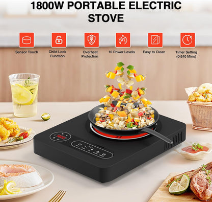 Skiennix Single Burner Electric Cooktop - 1800W Portable Stove with LED Touch Control & Safety Features