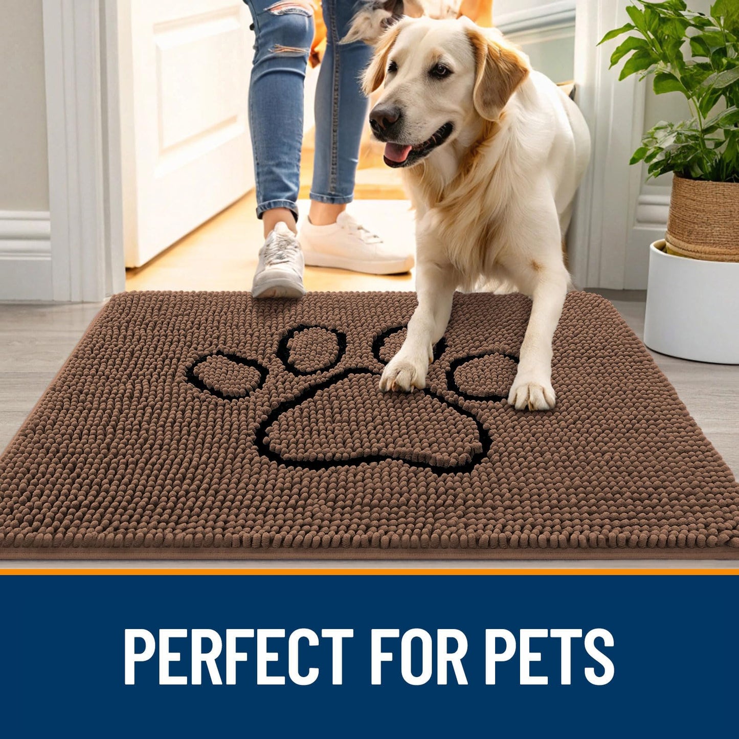OLANLY Dog Door Mat for Muddy Paws 36x24, Paw Print Design, Absorbs Moisture and Dirt, Absorbent Non-Slip Washable Doormat, Quick Dry Chenille Mud Mat for Dogs, Entry Indoor Entryway Carpet, Mocha