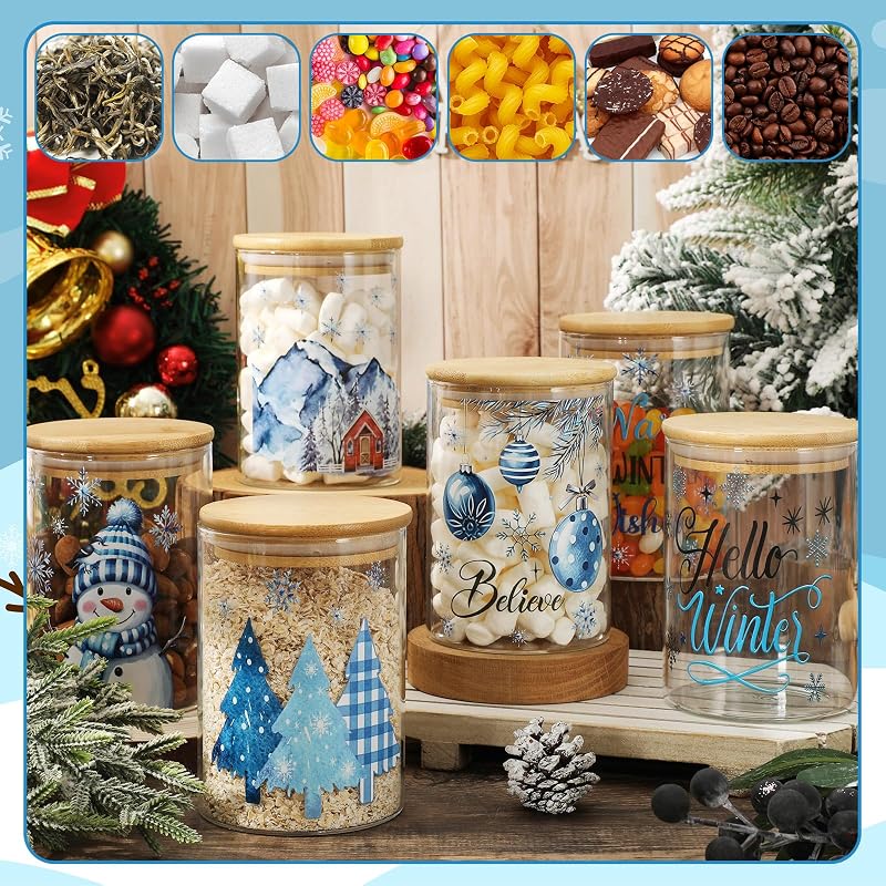 Winter Christmas Glass Storage Jars Set, 6 Pcs with Airtight Lids – Snowman & Tree Designs