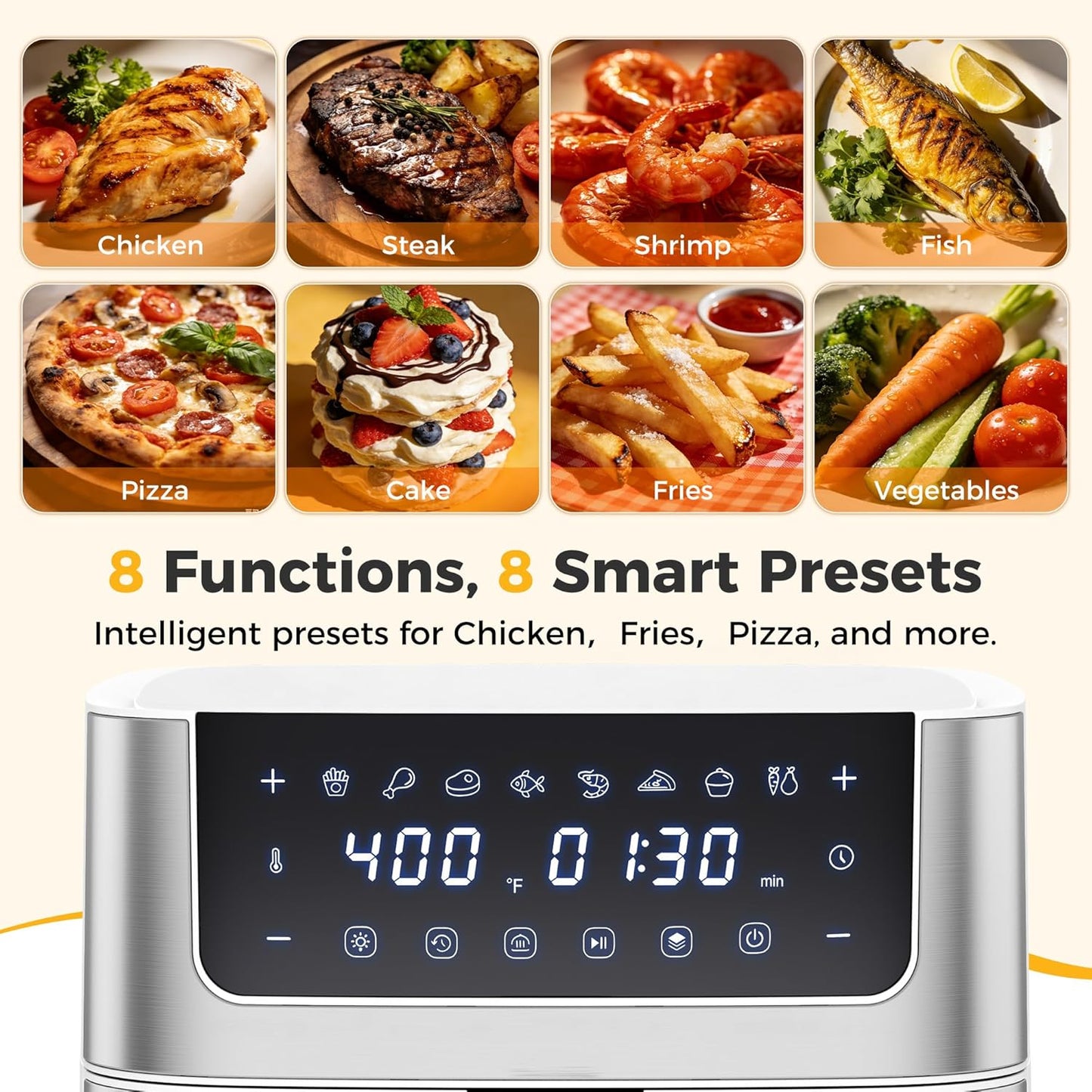 NEWBULIG Air Fryer - 6.34QT with Visible Window & Fast Heating - 8-in-1 Cooking Presets, Stainless Steel, White