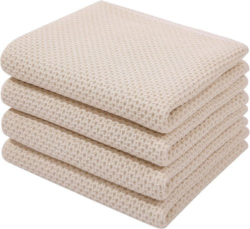 Homaxy Kitchen Dish Towels - Ultra Soft 100% Cotton Waffle Weave, Quick Drying, 13 x 28 Inches, 4-Pack, Beige