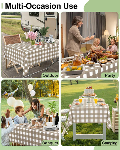 Smiry Gingham Disposable Tablecloths - 8 Packs of Waterproof 54 x 108 Inch Khaki & White Covers for Parties