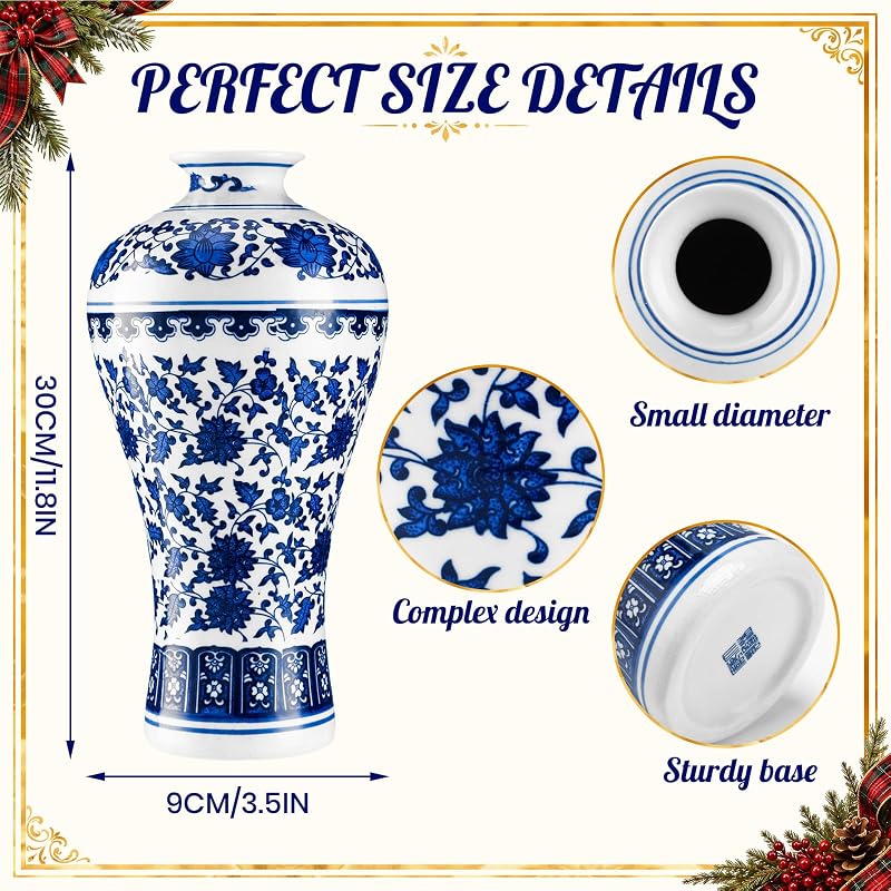Blue and White Chinoiserie Vase with Plaid Ribbon Decor Set