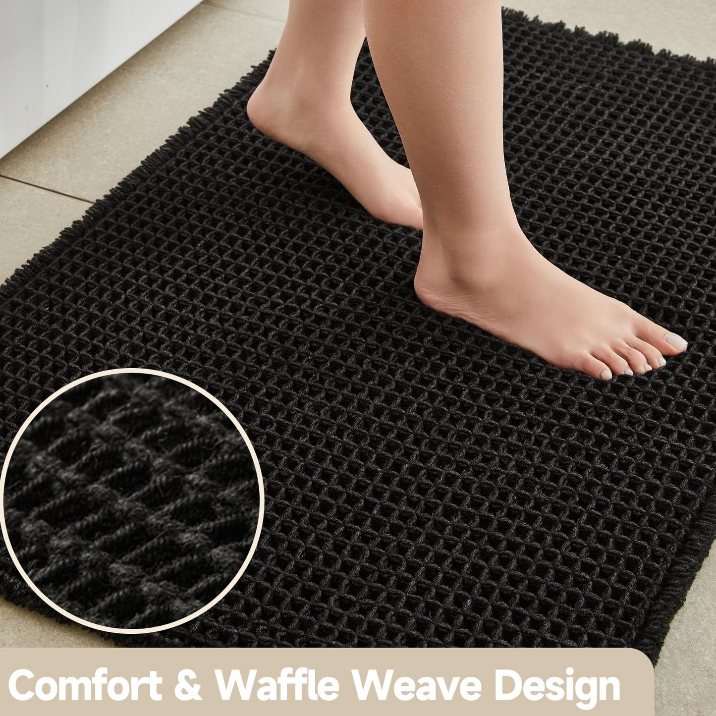 TYUU Black Bathroom Rug, Waffle Bath Mat Non Slip Washable Super Absorbent Quick Dry Boho Farmhouse Bathroom Decor, 36"x24"/ 3'x2' Black