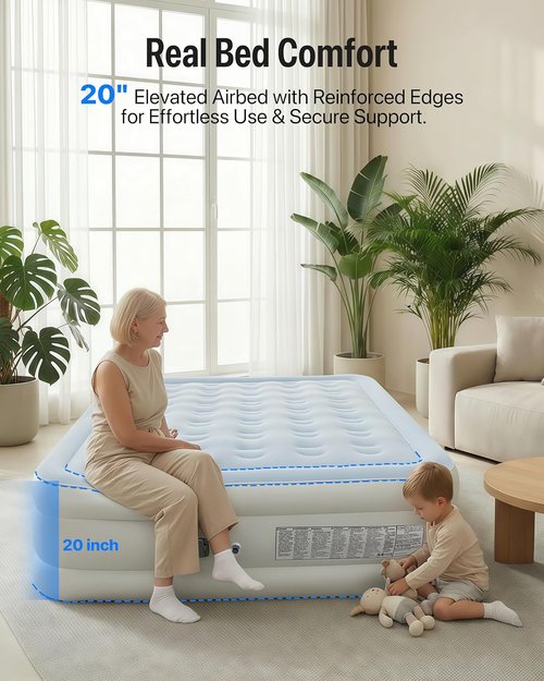 JEASONG Queen Air Mattress - 20" Raised Inflatable Bed with Built-in Pump & Headboard | Portable for Camping & Guests