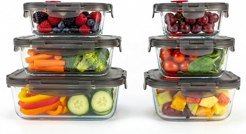 Borosilicate Glass Food Storage Containers - Airtight & Vented Lids | Set of 6 (3 Rectangular, 3 Square)